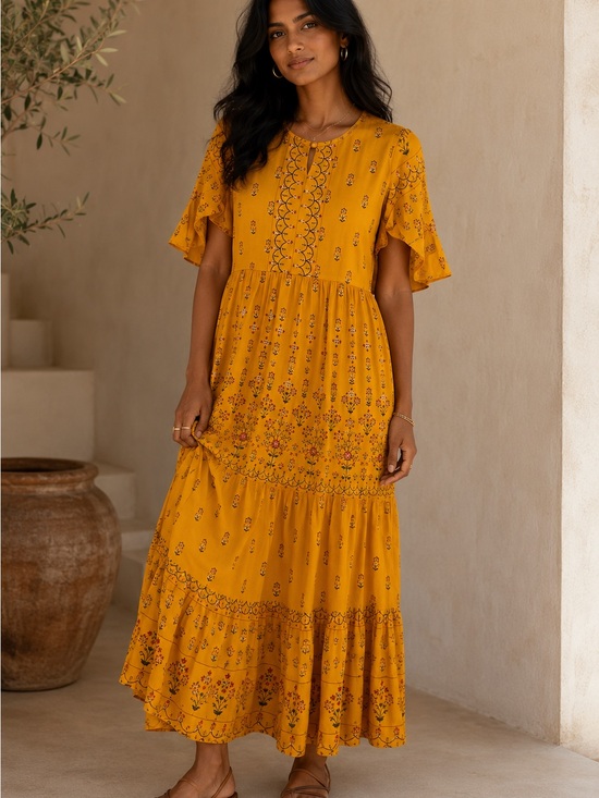 Indya Dresses & Skirts - Indya Mustard Yellow Floral Foil Tiered Maxi Dress